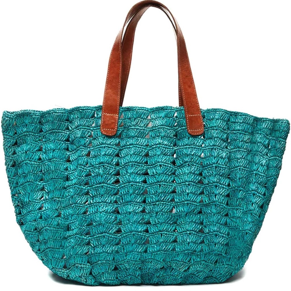 Mar y Sol Teal Woven Tote Bag with Brown Leather Handles